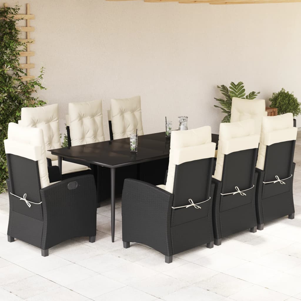 9-tlg. Garten-Essgruppe mit Kissen Schwarz Poly Rattan